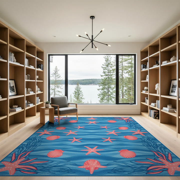 Blue Starfish Coastal Washable Area Rug