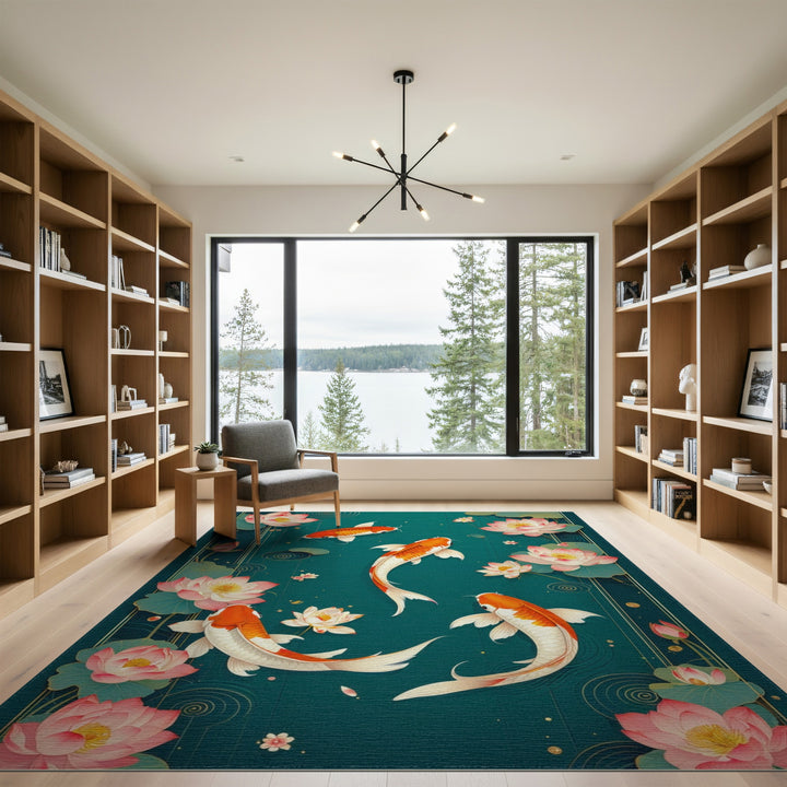 Teal Koi Lotus Washable Area Rug