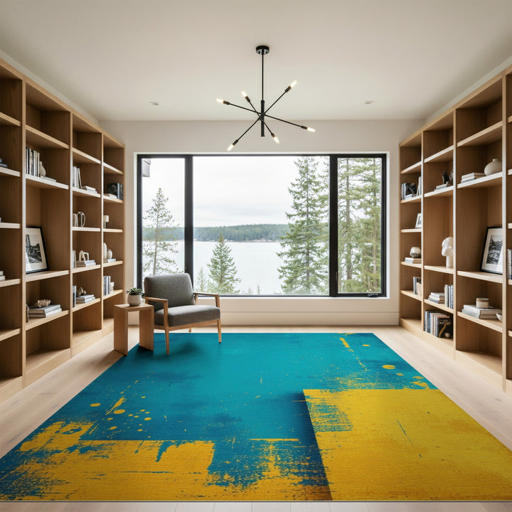 Teal Abstract Yellow Block Area Rug