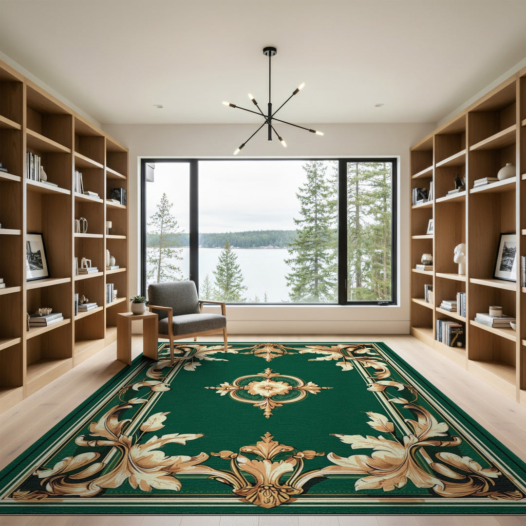 Ornate Gold Floral Medallion Green Area Rug