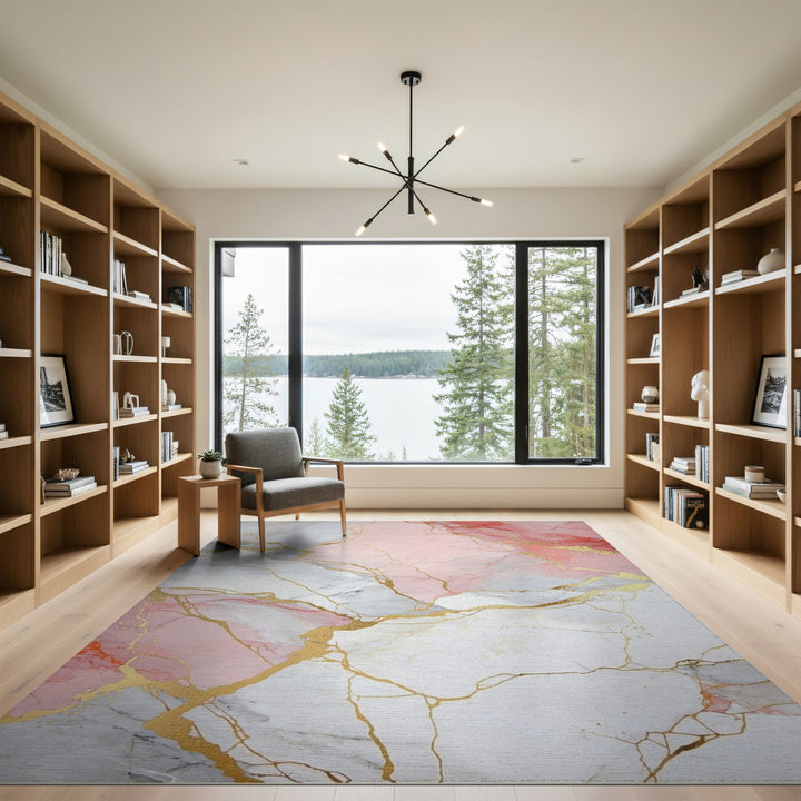 Pink Marble Gold Vein Washable Pink Area Rug
