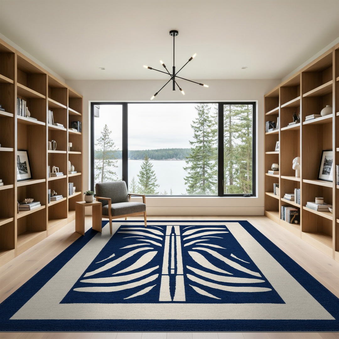 Navy Blue Geometric Leaf Area Rug