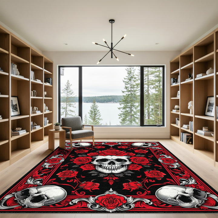 Red Rose Skull Floral Area Rug