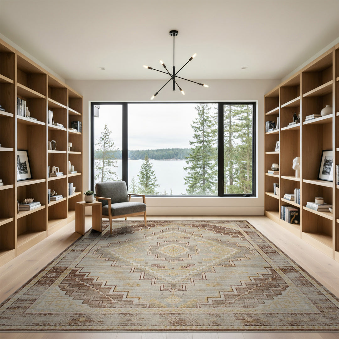 Brown and Tan Distressed Vintage Brown Geometric Area Rug