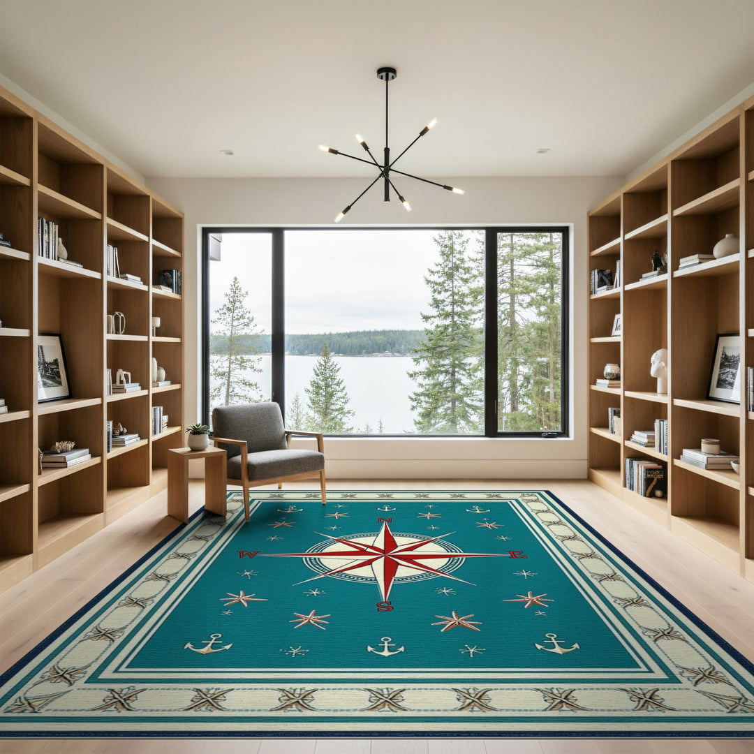 Teal Nautical Compass Area Rug