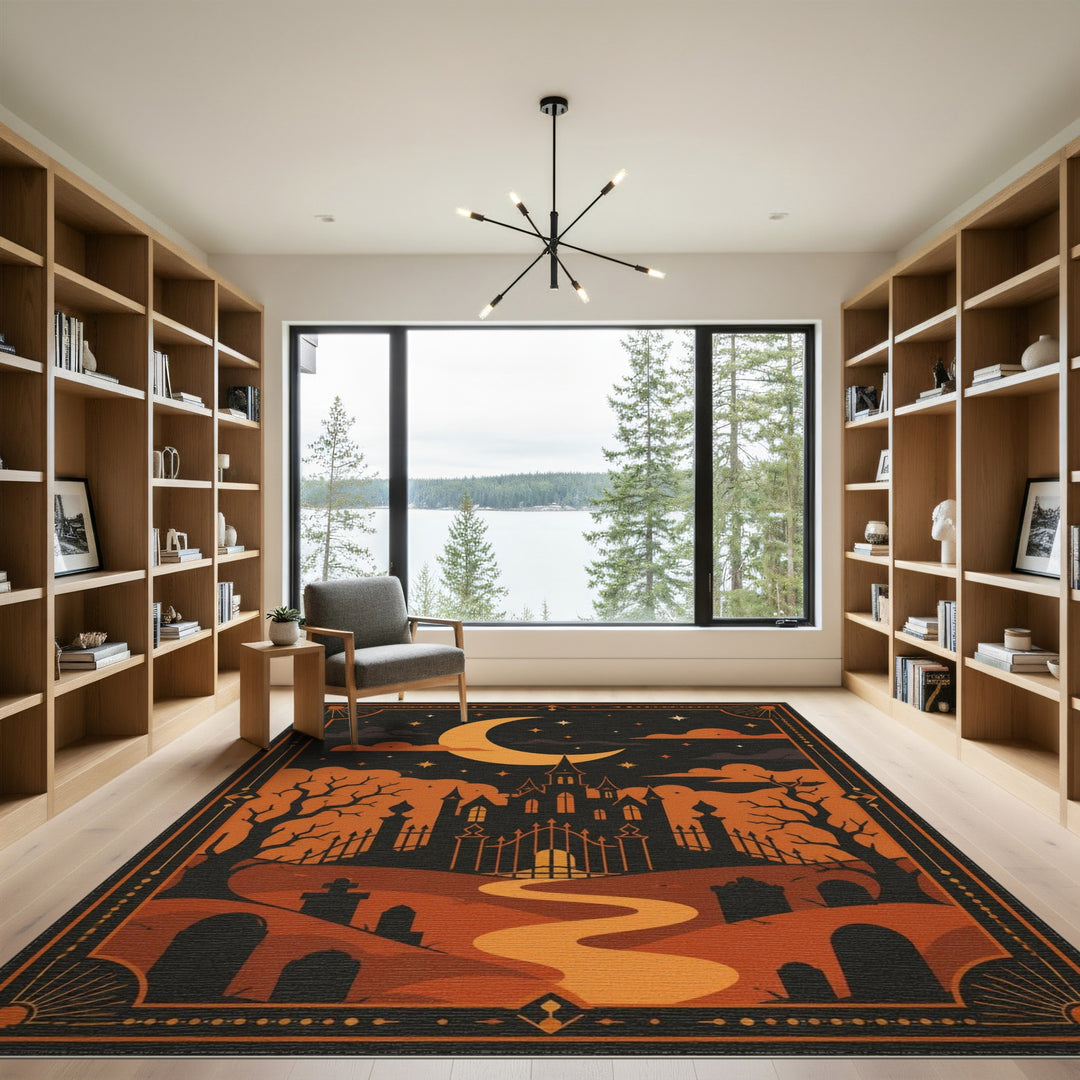 Orange Haunted Castle Halloween Area Rug