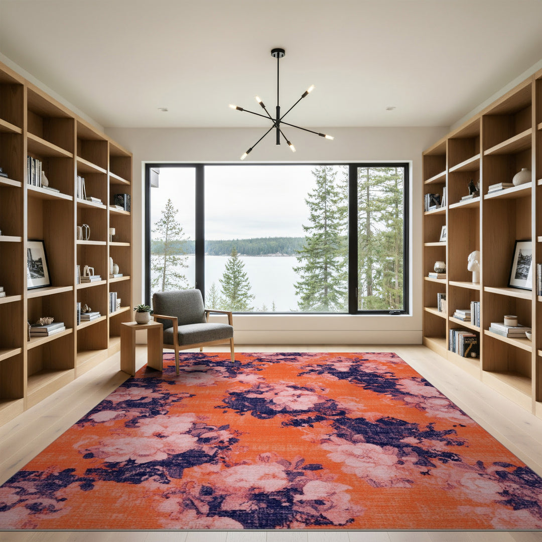Vintage Orange Floral Washable Area Rug