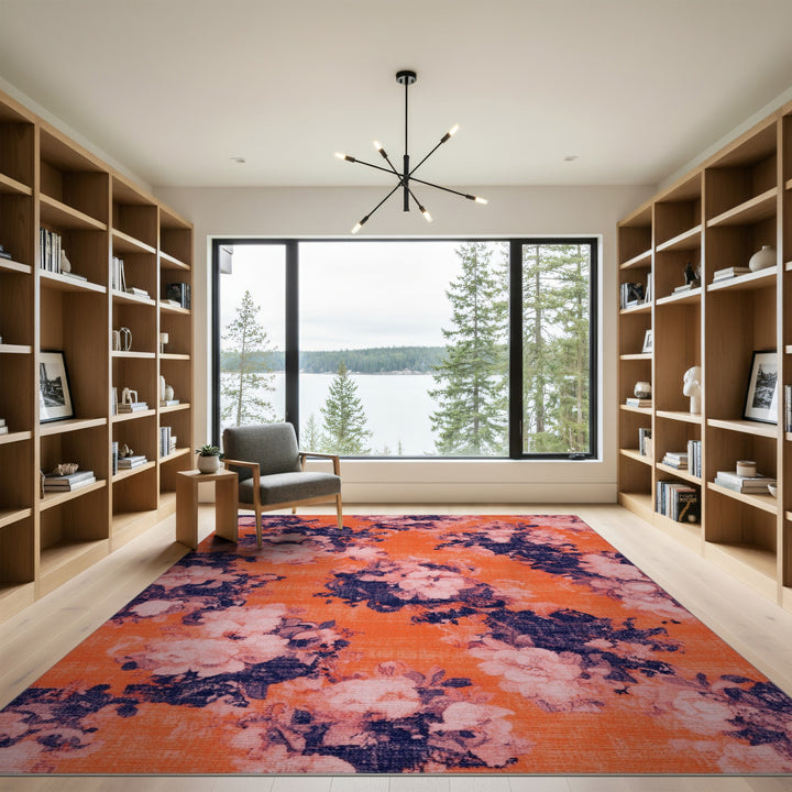 Vintage Orange Floral Washable Area Rug