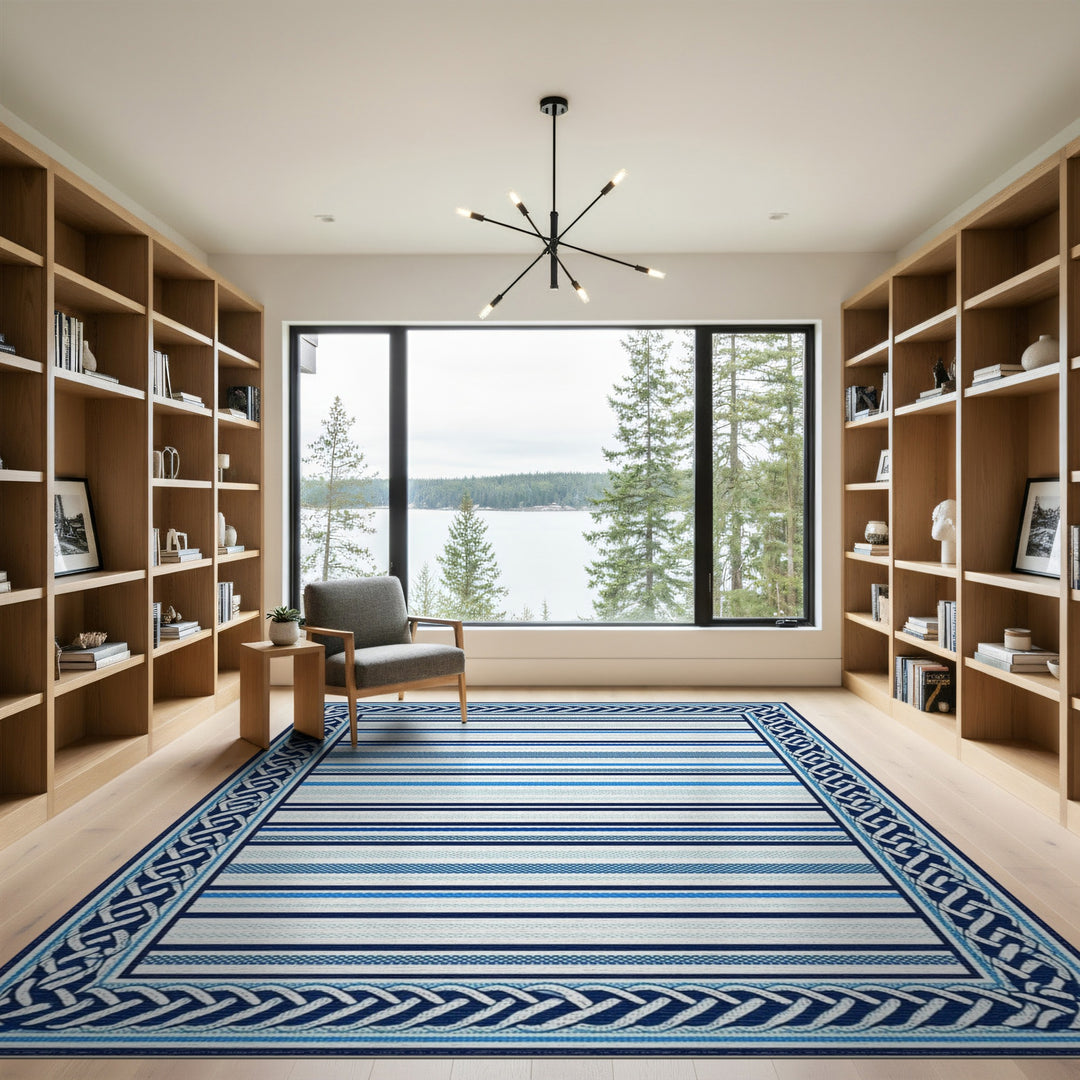Blue Striped Heritage Area Rug with Knot Border