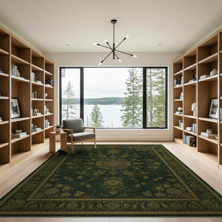 Dark Green Gold Floral Persian Area Rug
