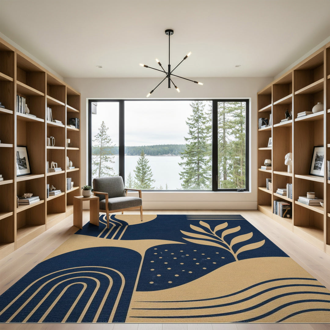 Navy Gold Geometric Leaf Area Rug