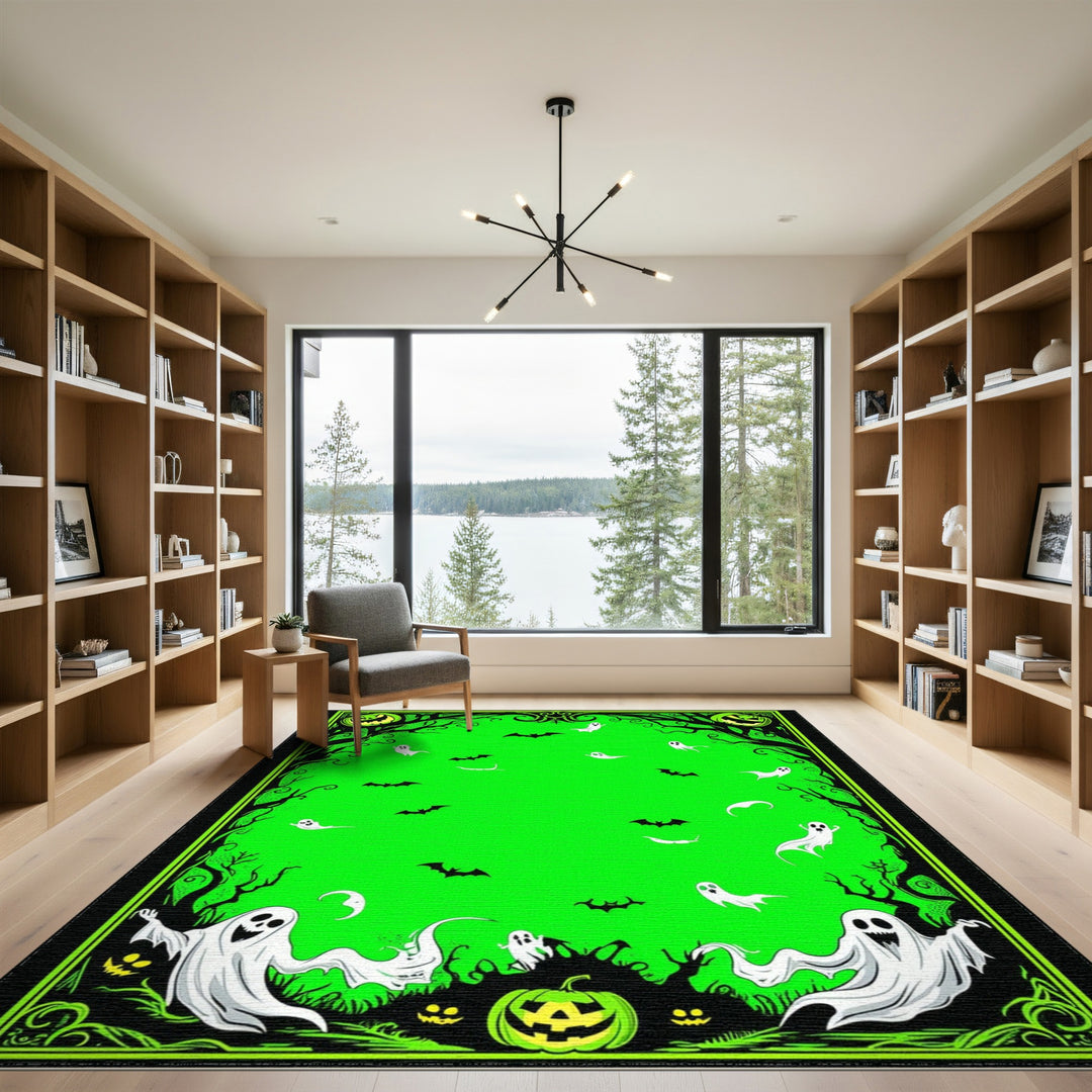 Green Halloween Ghosts and Bats Area Rug