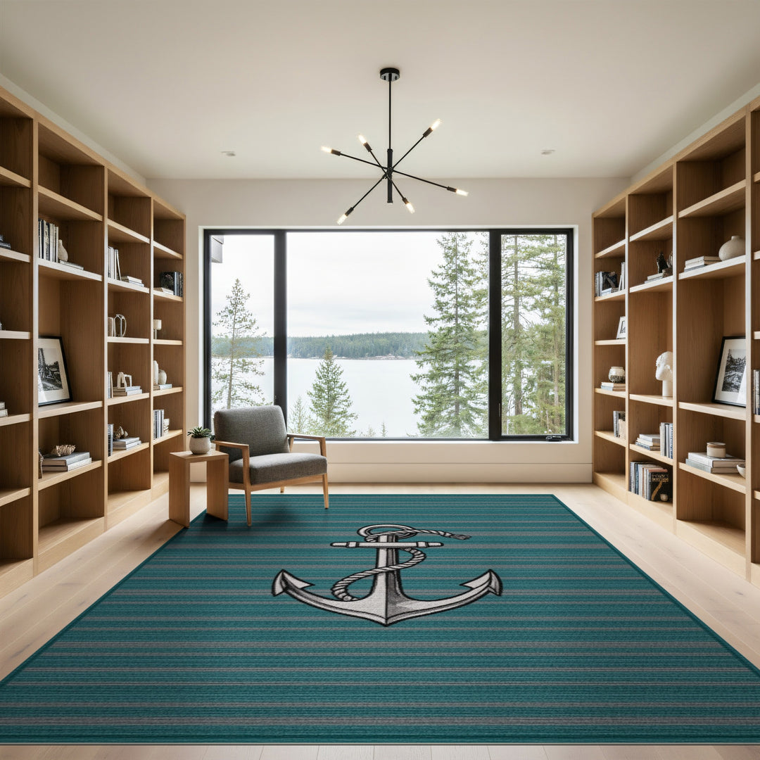 Nautical Anchor Teal Striped Area Rug