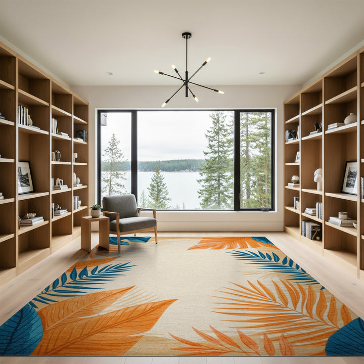 Blue and Orange Palm Leaf Area Rug