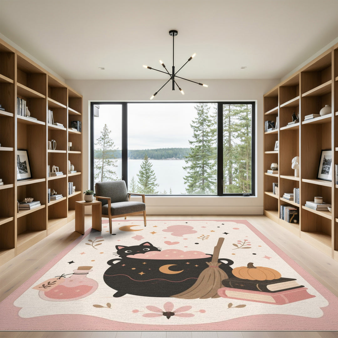 Pink Witch Cat Cauldron Kids Area Rug
