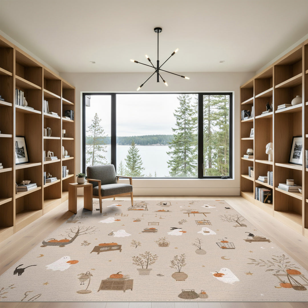 Cute Ghost Pumpkin Beige Area Rug