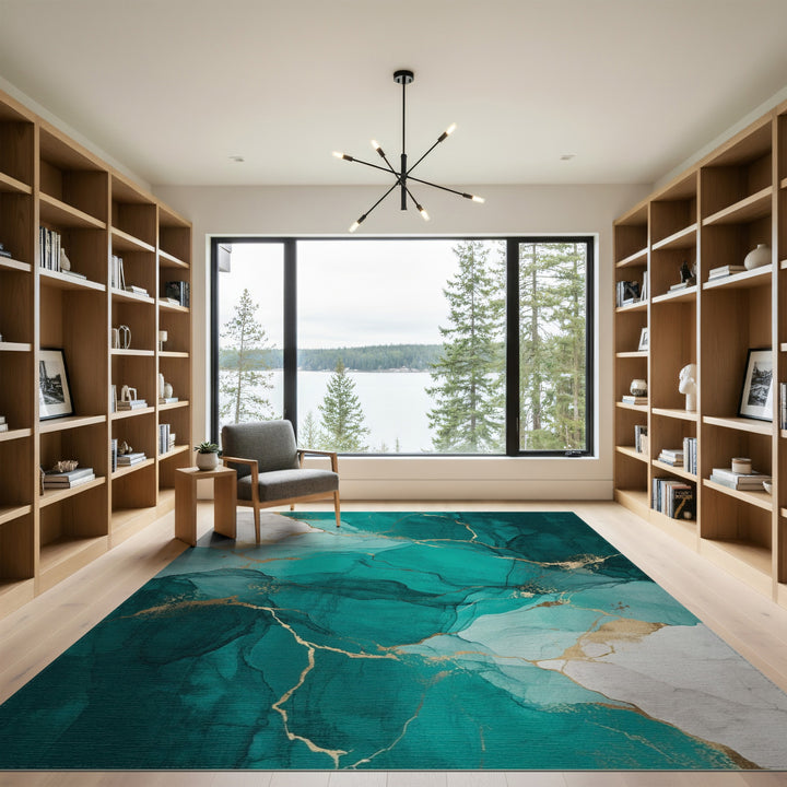 Blue and Teal Abstract Area Teal Gold Marble Abstract Area Rug