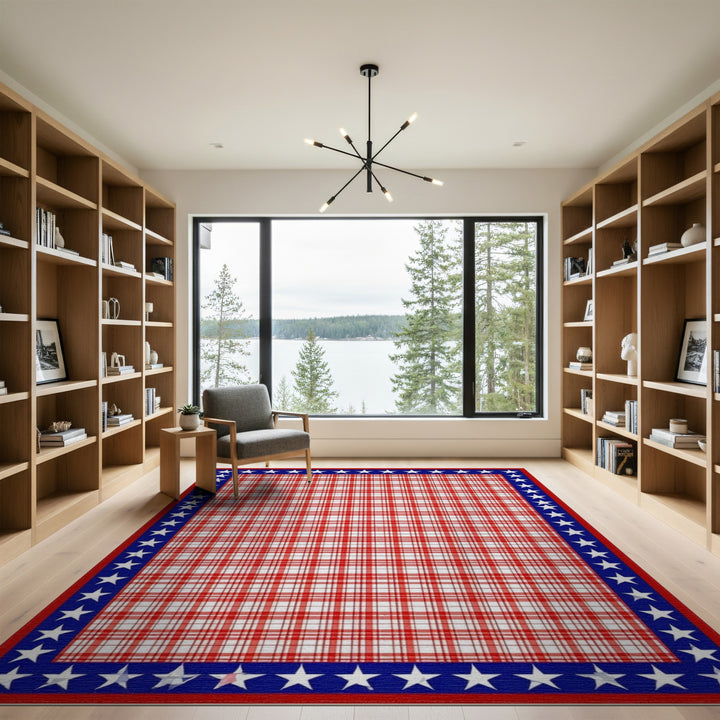 Red Plaid Rug with Blue Star Border