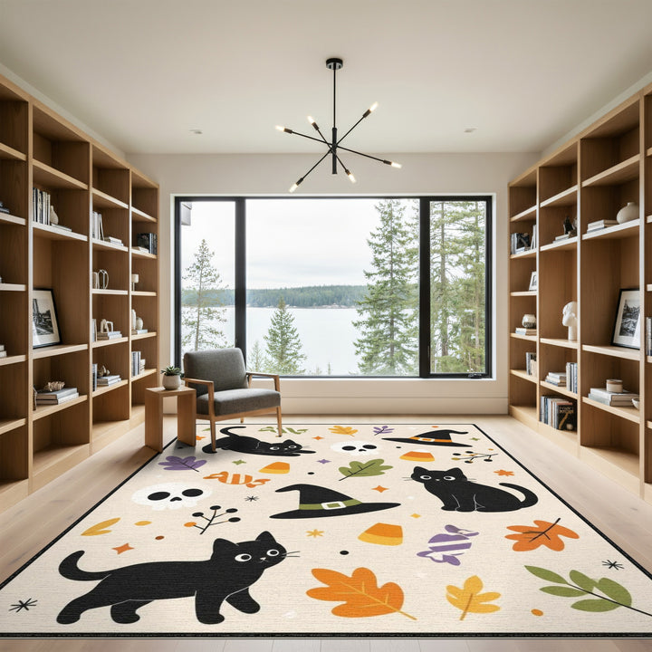 Whimsical Black Cat Halloween Area Rug