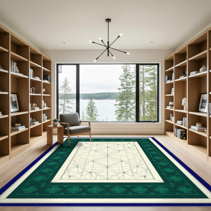 Teal Geometric Snowflake Border Area Rug