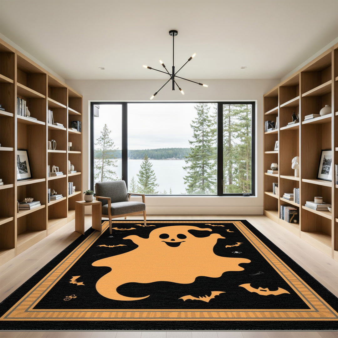 Kids Cartoon Orange Ghost Halloween Area Rug