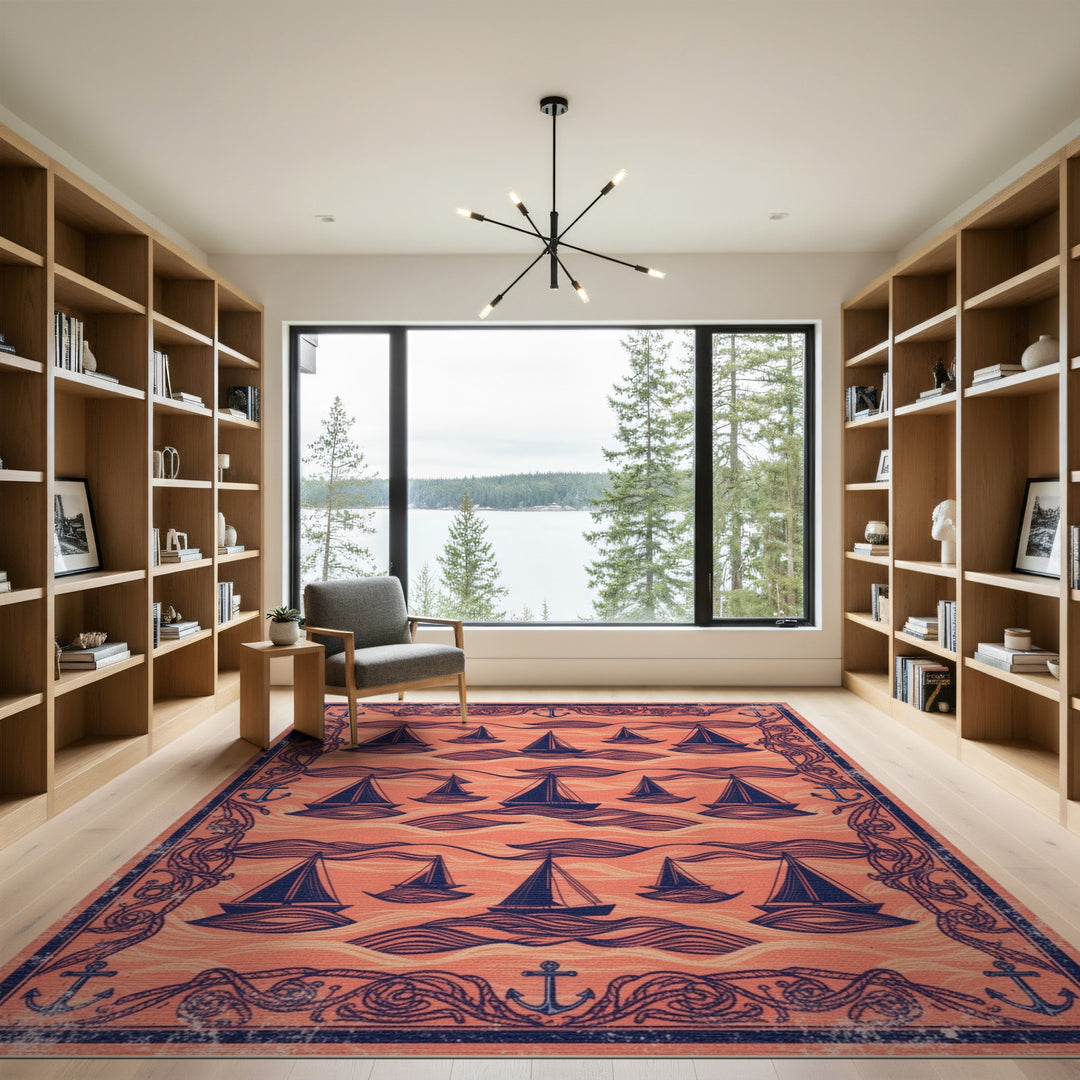 Orange Coastal Sailboat Area Rug