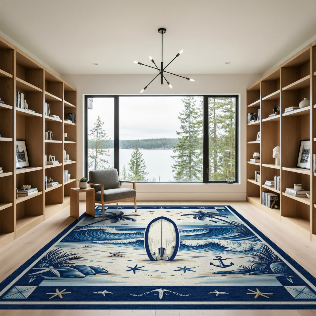 Blue Coastal Surfboard Washable Area Rug