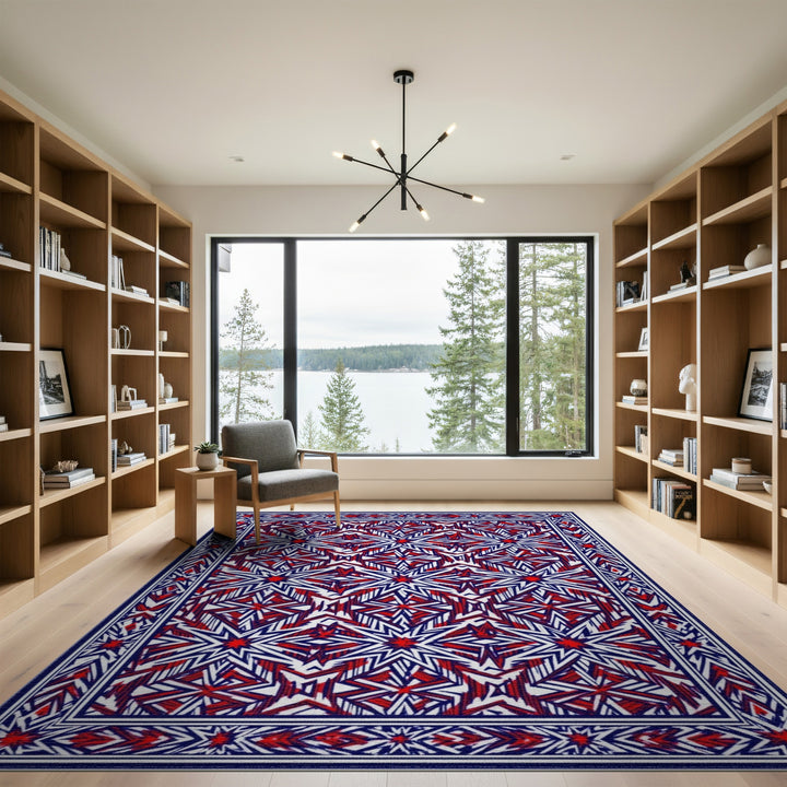 Red Blue Geometric Star Washable Area Rug