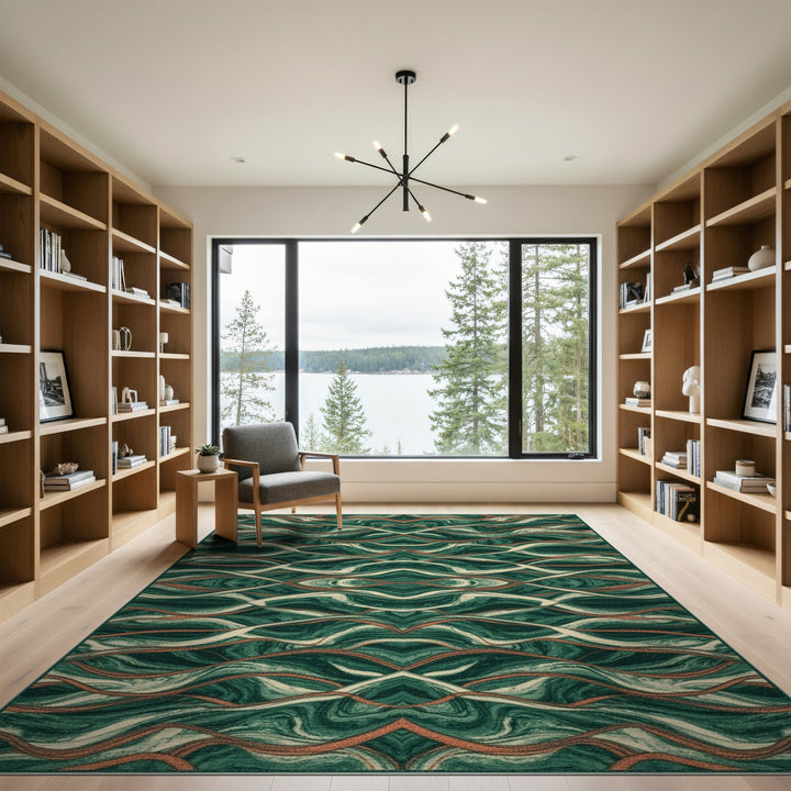 Green Abstract Wave Area Rug