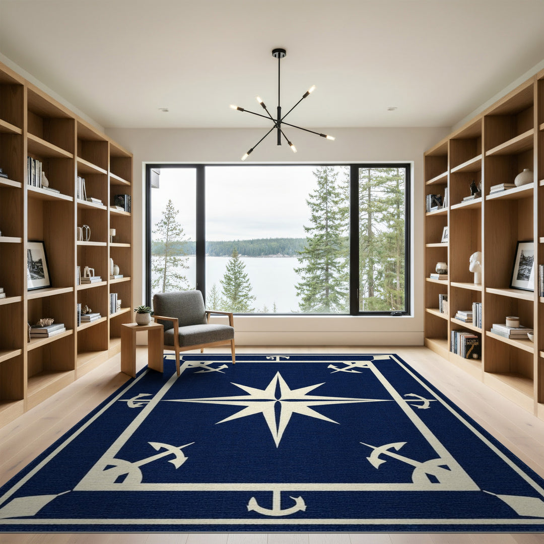 Navy Blue Nautical Compass Anchor Area Rug