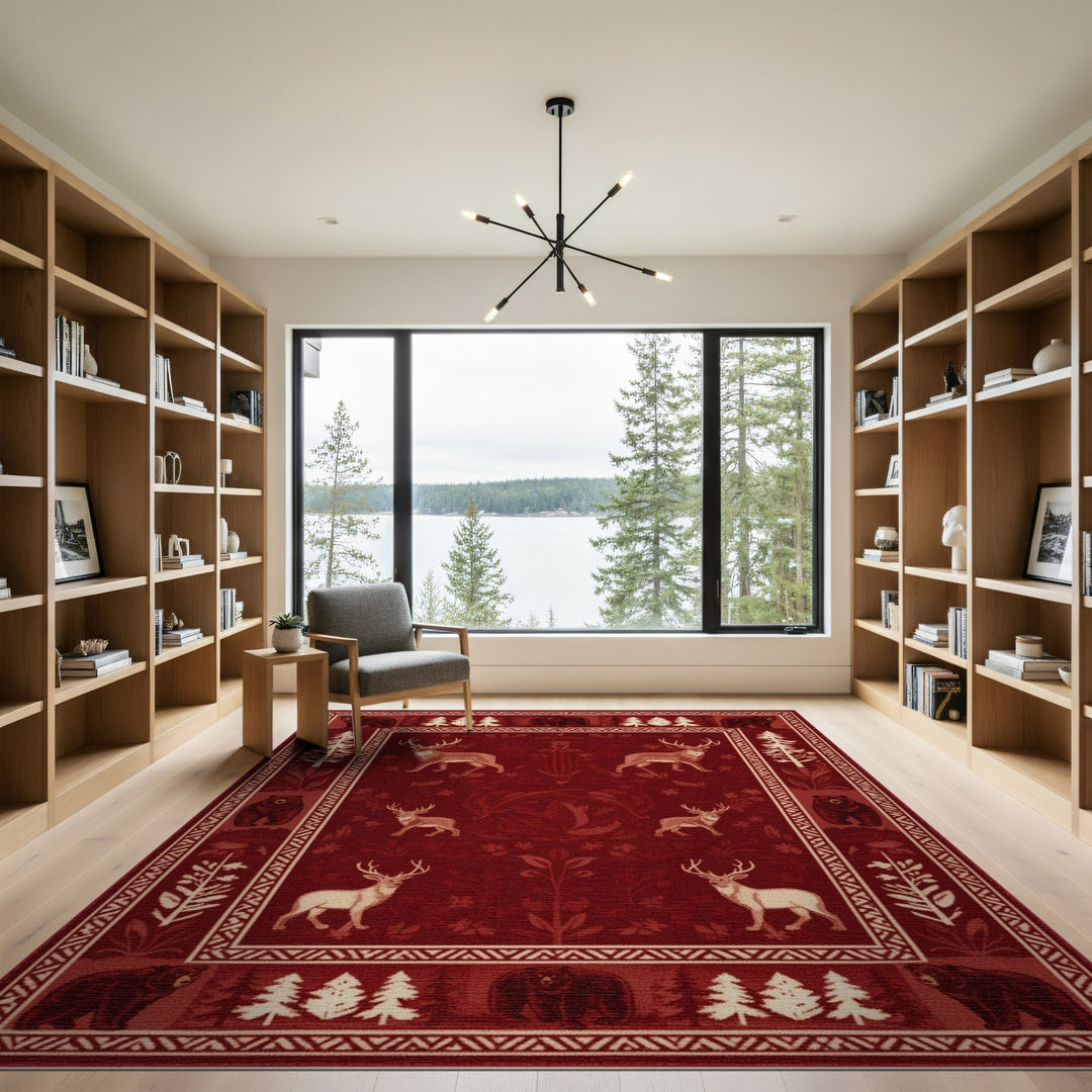 Red Rustic Bear Deer Woodland Area Rug
