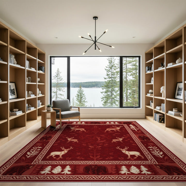 Red Rustic Bear Deer Woodland Area Rug