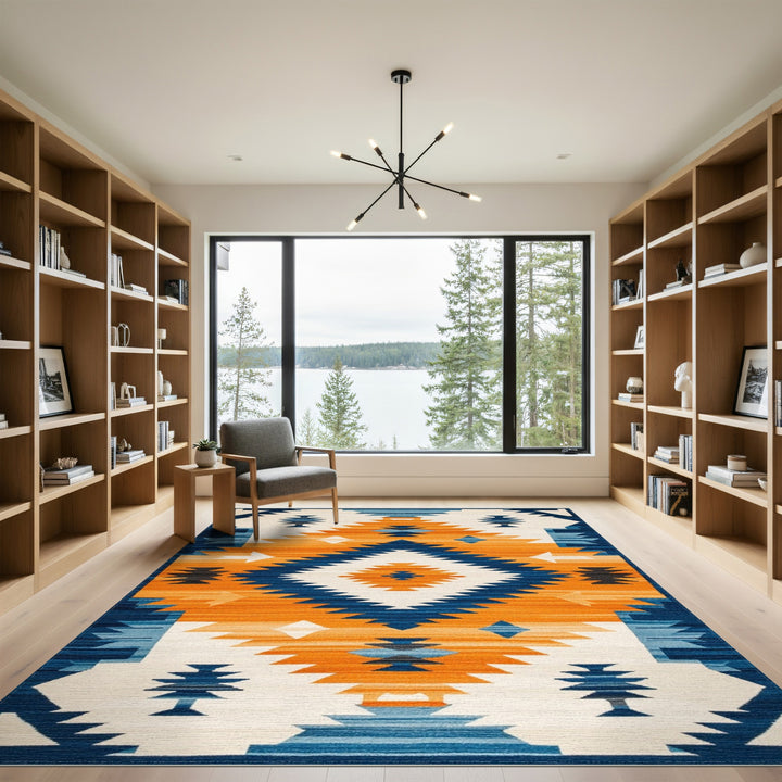 Multi-color and Patterns Southwestern Geometric Area Rug in Blue and Orange