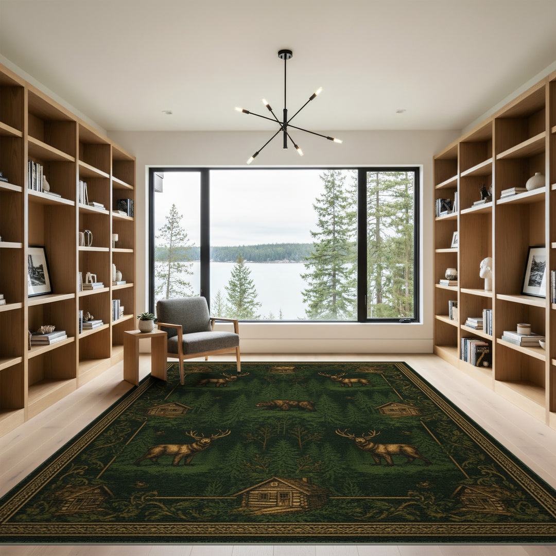 Rustic Forest Elk Bear Cabin Area Rug