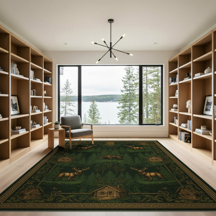Rustic Forest Elk Bear Cabin Area Rug