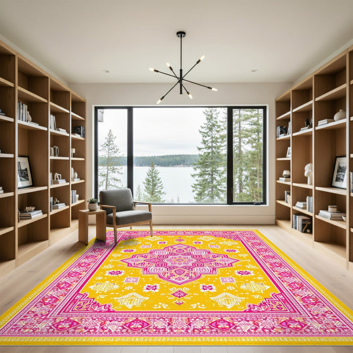 Yellow Pink Geometric Medallion Area Rug