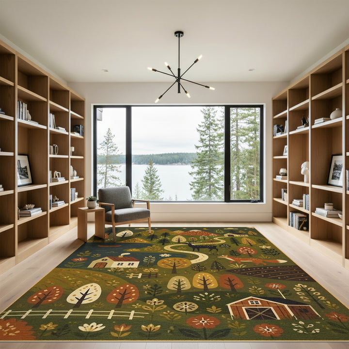 Rustic Woodland Scene Washable Area Rug