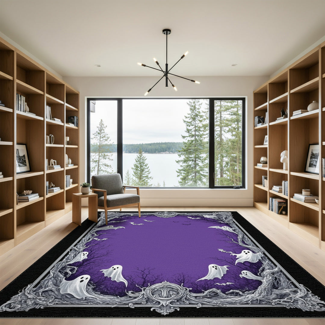 Purple Halloween Ghosts and Bats Ornate Area Rug