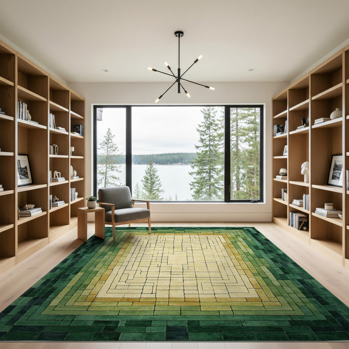 Green Geometric Maze Geometric Modern Area Rug