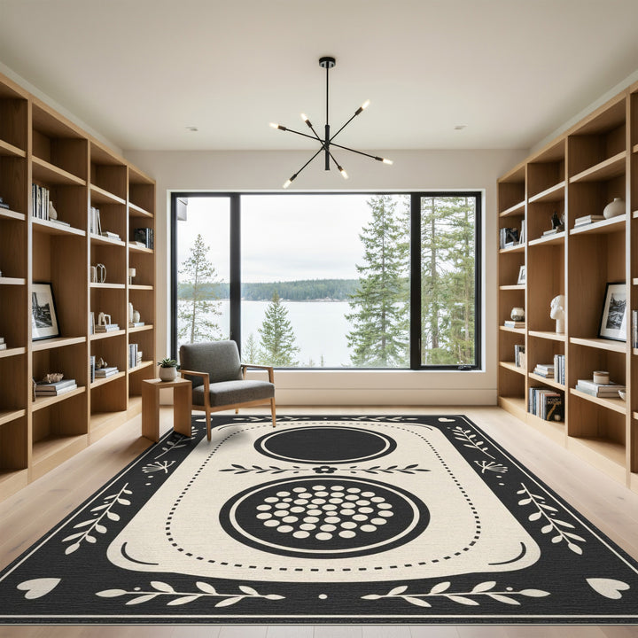Black White Geometric Floral Area Rug