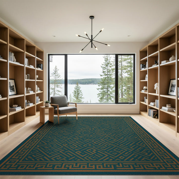 Blue and Teal Geometric Maze Area Rug