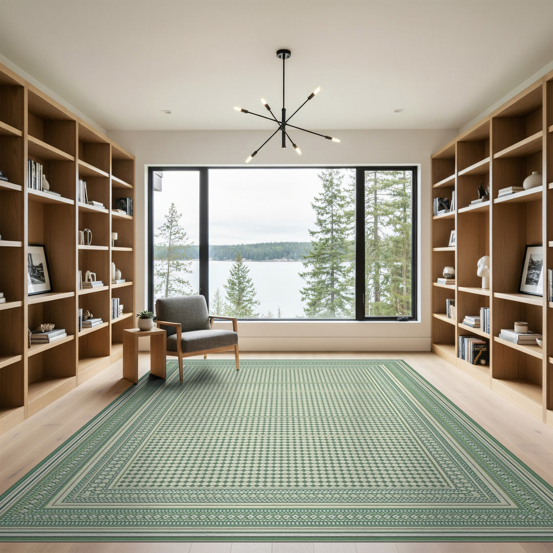 Green Geometric Bordered Area Rug