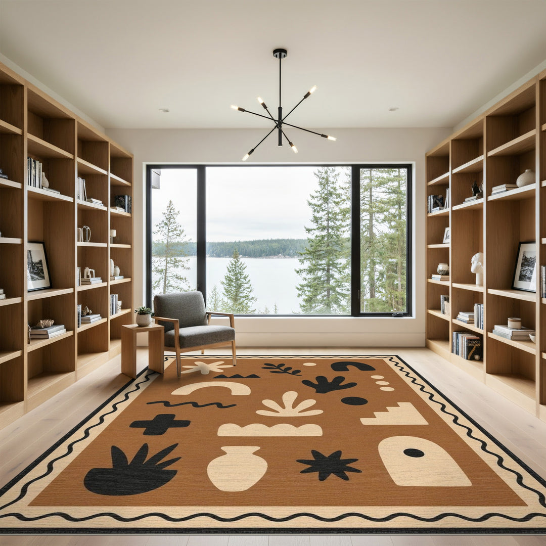 Abstract Brown Area Rug with Scalloped Border