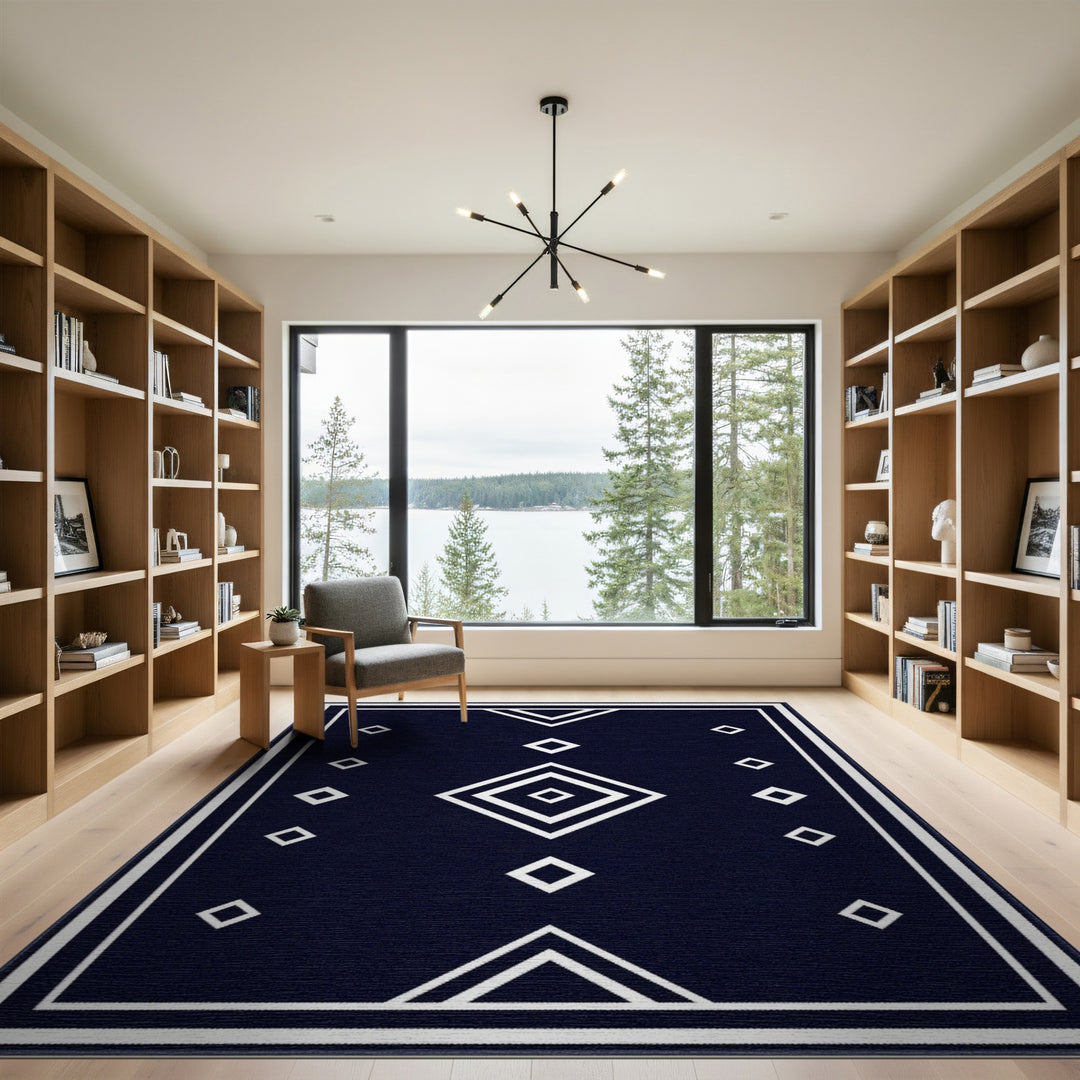 Black and White Navy Geometric Diamond Area Rug
