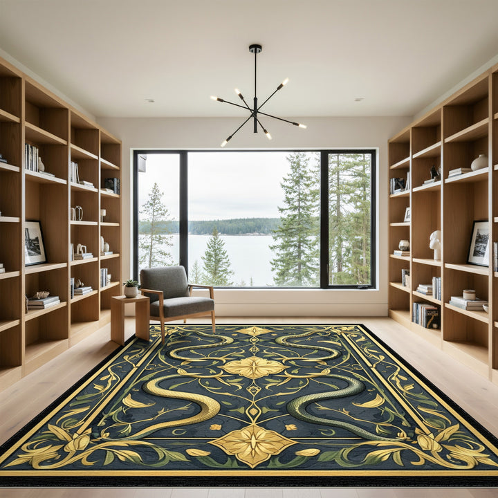 Golden Serpents Floral Navy Area Rug