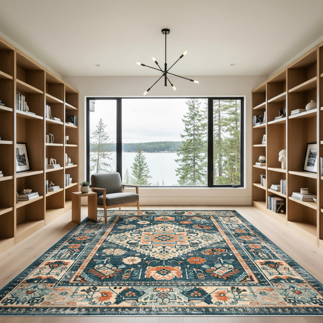 Distressed Vintage Blue Teal Floral Area Rug