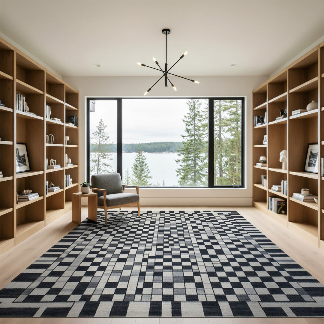Checkered Black White Geometric Checkered Area Rug