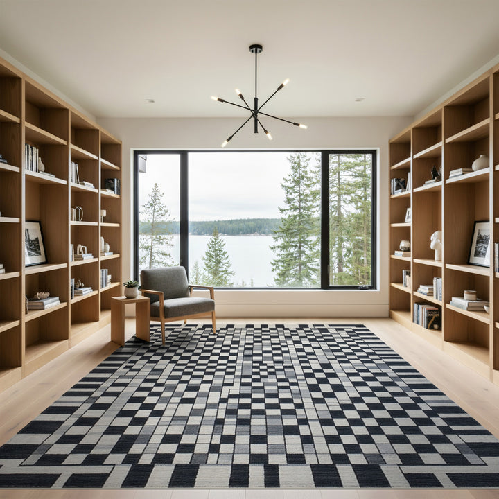 Checkered Black White Geometric Checkered Area Rug