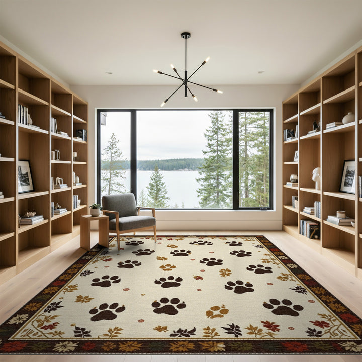 Beige Paw Print Area Rug with Autumn Leaf Border