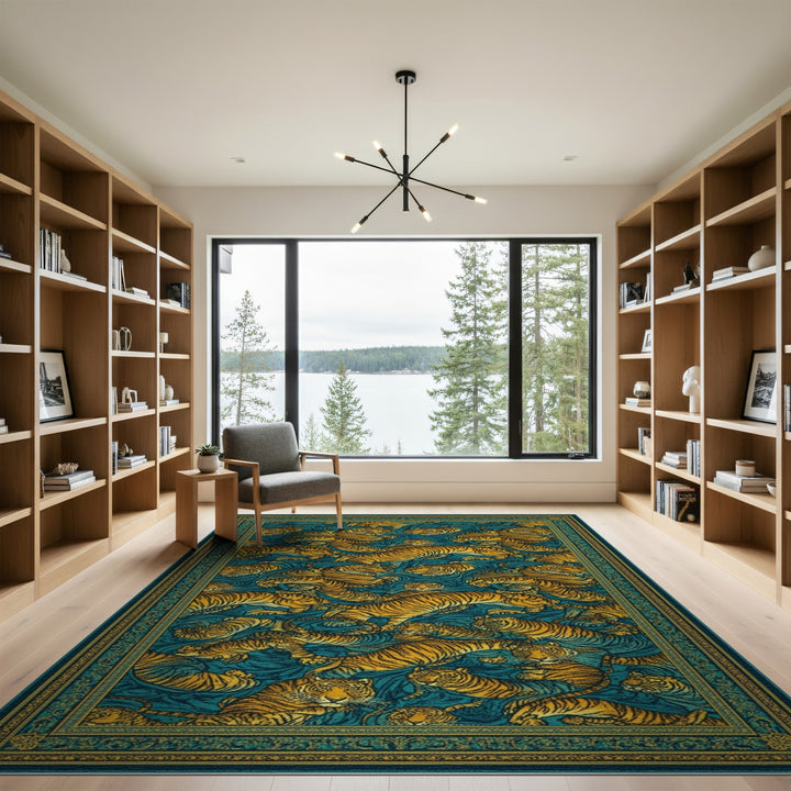 Blue Teal Tiger Wave Area Rug
